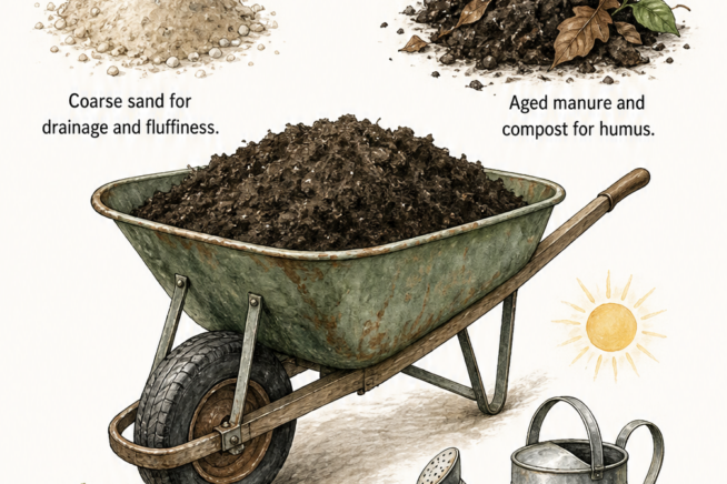 Illustration of a wheelbarrow with soil ingredients like coarse sand, aged manure, peat moss, and wood ash for growing potatoes