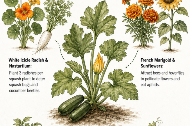 Botanical illustration showing the best zucchini companion plants like nasturtium, radish, marigold, and sunflower, plus bad neighbors to avoid.