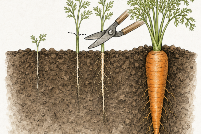 Botanical cross-section showing carrot growth stages at three weeks, four inches tall during thinning, and three months at harvest.