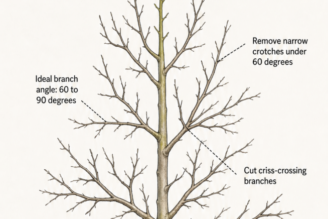 Illustration of a dormant pear tree showing central leader pruning structure with ideal branch angles and cuts