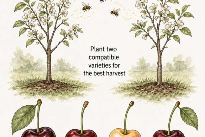 Illustration of two cherry trees cross-pollinating with bees, and four sweet cherry varieties: Bing, Chelan, Rainier, and Lapins.