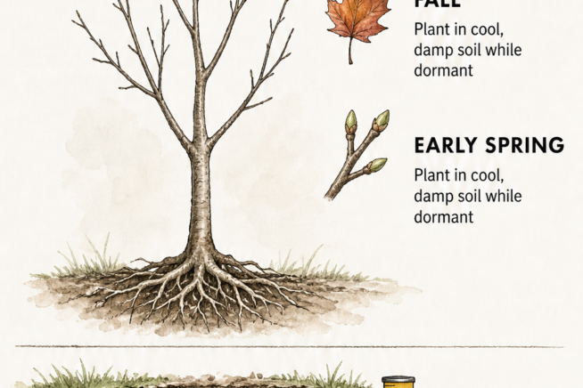 Botanical illustration showing a dormant cherry tree sapling with planting seasons fall and early spring, alongside a soil drainage test diagram.