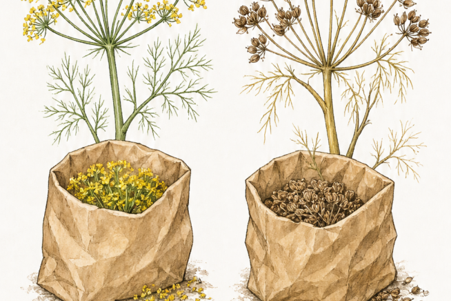 Comparison of fennel flower harvest times, showing a yellow umbel for peak season pollen and a brown wilted flower for late season seeds.