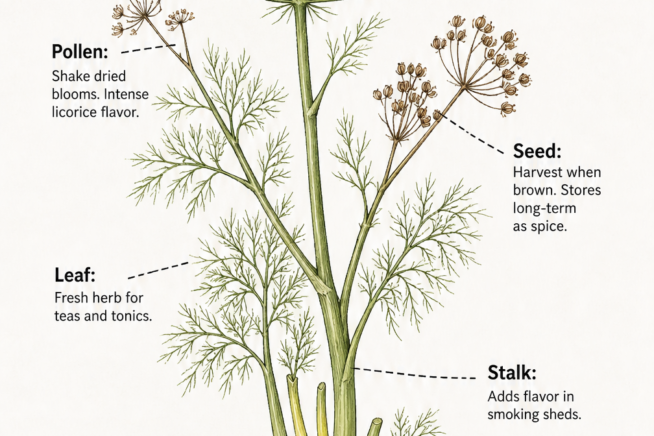 Botanical illustration showing the anatomy of a fennel plant, including the flower, pollen, seed, leaf, stalk, and bulb with their uses.