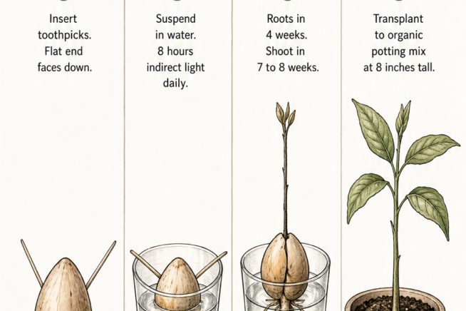 Botanical illustration showing four steps to sprout an avocado pit using toothpicks and water.