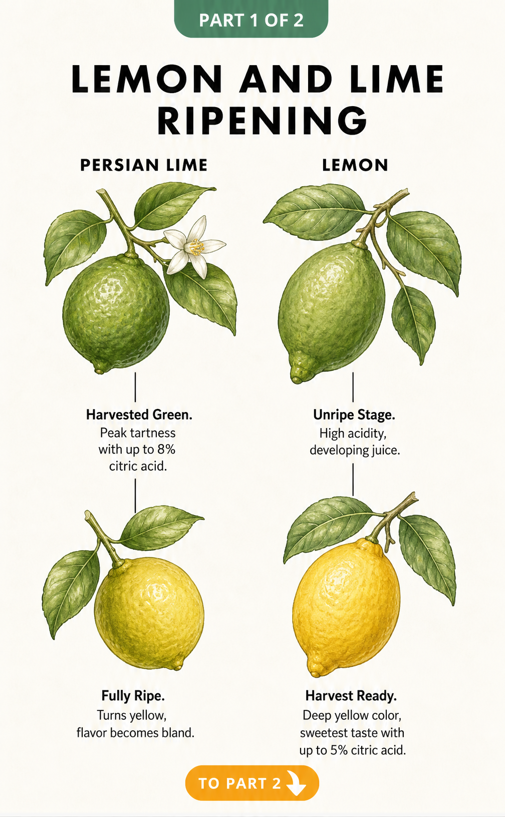 Illustration comparing the ripening stages of Persian limes and lemons, showing how limes turn yellow and lemons turn deep yellow when fully ripe.