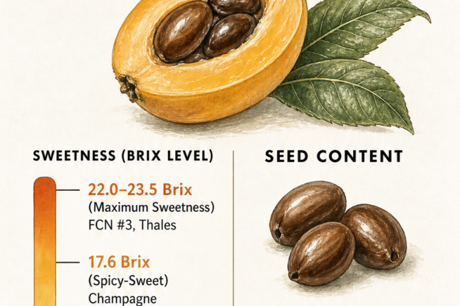 Cross-section of a loquat fruit showing flesh and seeds, with a chart detailing Brix sugar content and seed ratios for different cultivars.