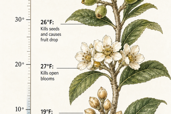 Botanical illustration of a loquat branch showing buds, blooms, and fruit alongside a Fahrenheit temperature scale indicating winter hardiness.