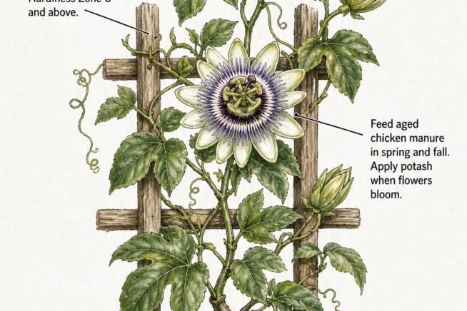Botanical illustration of a passion fruit flower growing on a wooden trellis with tips on sunlight, fertilizer, watering, and soil requirements.