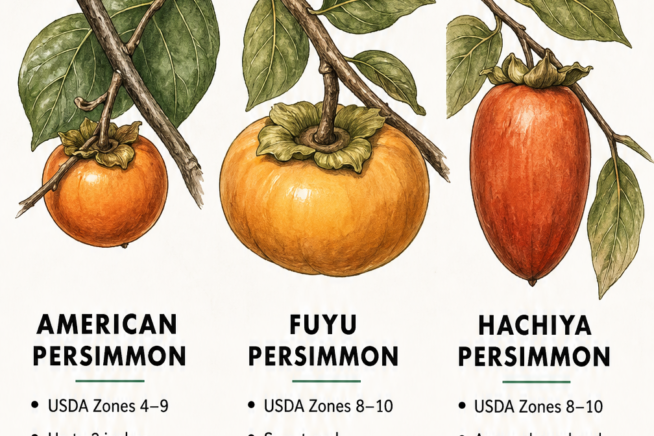 Botanical illustration showing American, Fuyu, and Hachiya persimmon fruits with their growing zones and flavor profiles