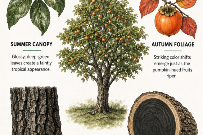 Illustration of a mature persimmon tree highlighting its summer canopy, autumn foliage, winter bark, and ebony heartwood