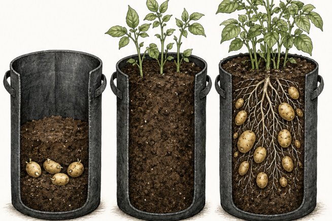 Illustration showing how to layer soil and seed potatoes in a grow bag over three growth stages