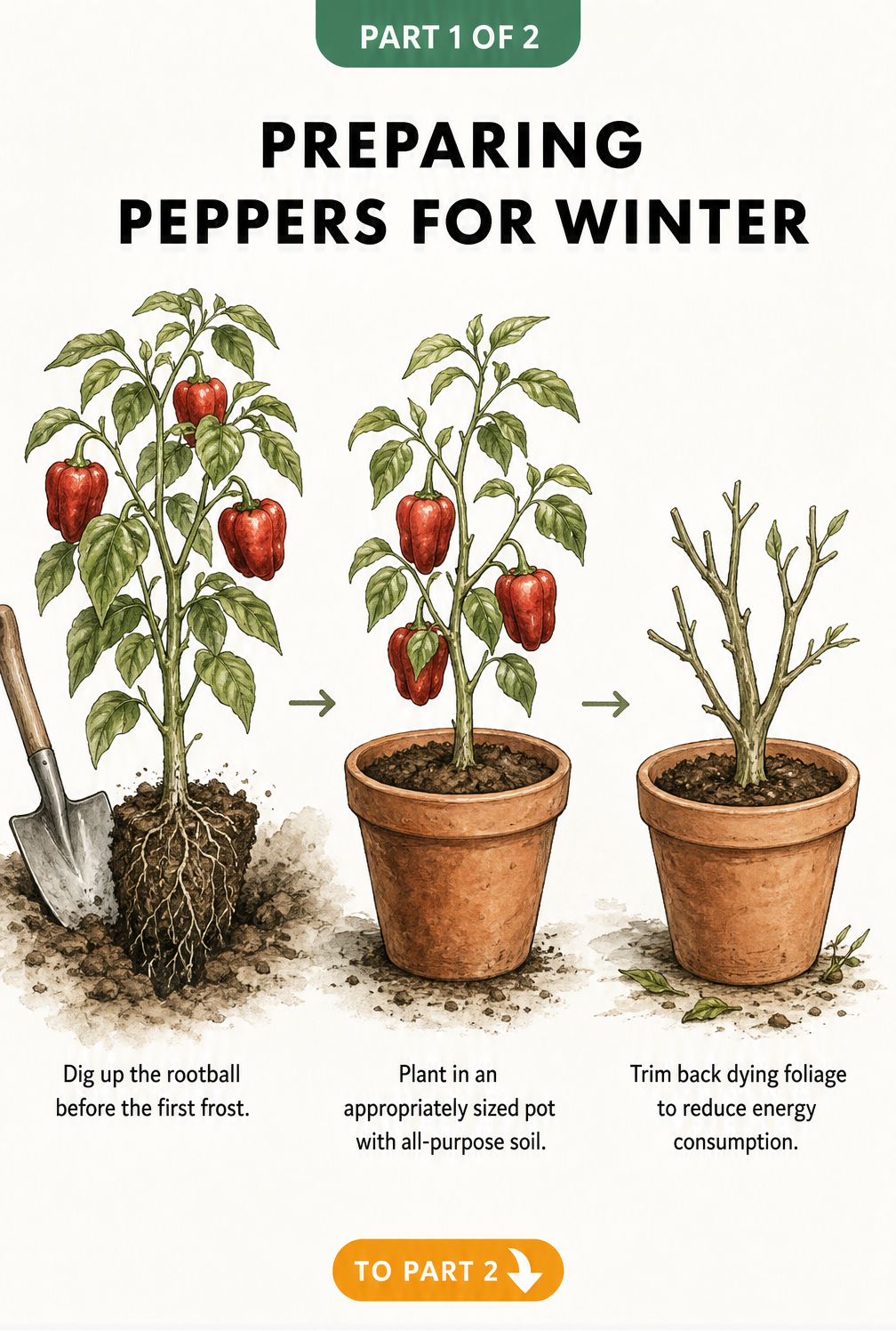 Illustration showing how to prepare a pepper plant for winter by digging up the rootball, potting it in soil, and trimming back dying foliage.