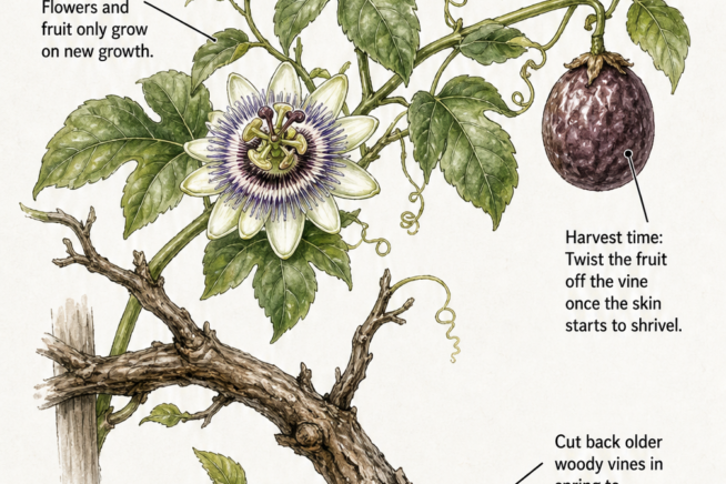 Close-up botanical illustration showing how to prune passion fruit vines, highlighting the difference between old woody stems and new green growth.