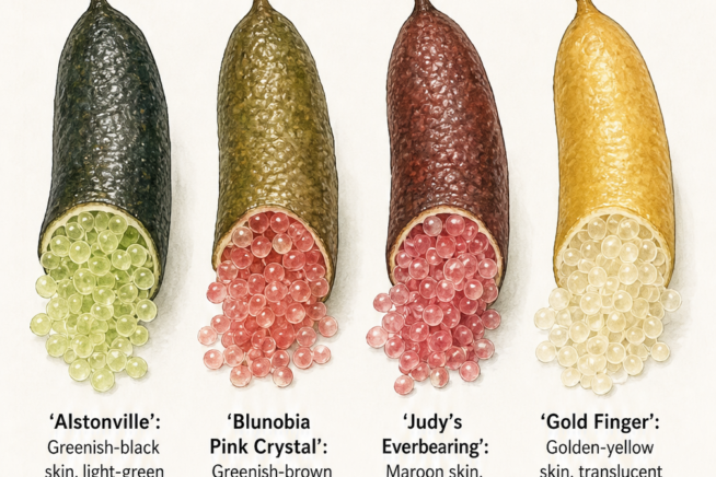 Illustration of four different finger lime varieties showing their unique skin and pulp colors when fully ripe.