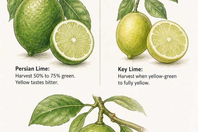 Botanical illustration showing the color differences between ripe Persian and Key limes, along with physical signs of ripeness like smooth skin and weight.