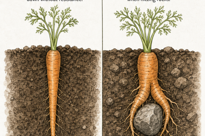 Cross-section comparing a straight carrot growing in well-tilled soil to a forked, stunted carrot hitting a rock in compacted soil.
