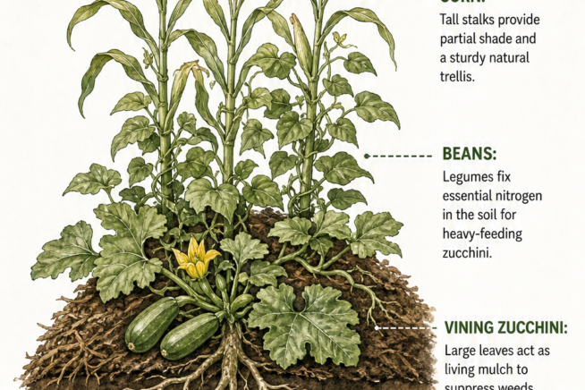 Cross-section illustration of a Three Sisters planting mound showing corn, beans, and vining zucchini growing together.
