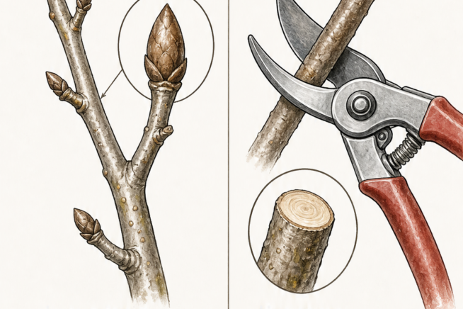 Illustration showing a dormant pear tree bud and clean pruning cuts with sanitized bypass shears