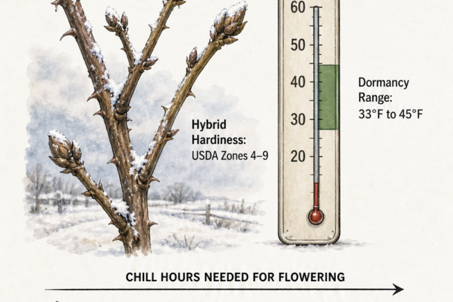 Illustration of a dormant blackberry branch and a thermometer showing the ideal winter chill range of 33 to 45 degrees Fahrenheit.