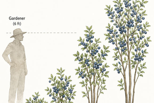 Botanical illustration comparing the heights of lowbush, half-high, highbush, and rabbiteye blueberry bushes next to a 6-foot gardener.