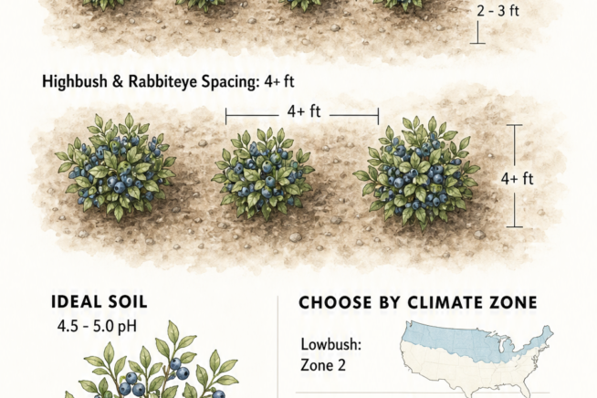 Diagram showing ideal spacing for lowbush, highbush, and rabbiteye blueberry bushes, along with soil pH and climate zone requirements.