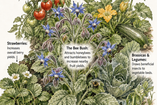 Illustrated garden bed showing borage planted alongside tomatoes, squash, strawberries, and brassicas