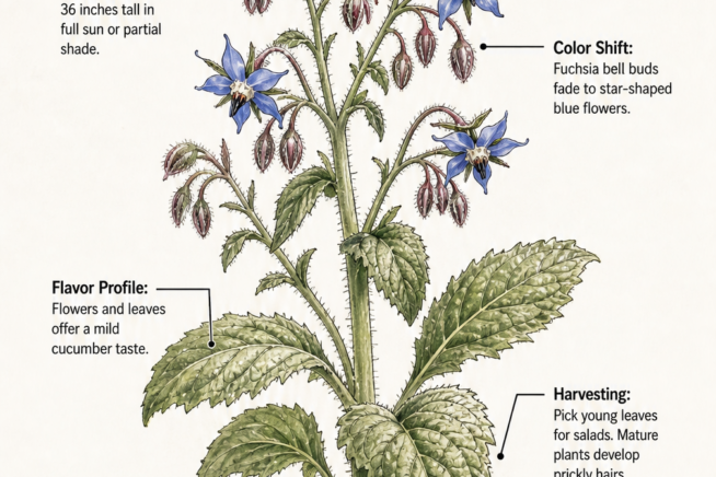 Botanical illustration of a borage plant showing fuchsia and blue flowers, leaves, and harvesting tips