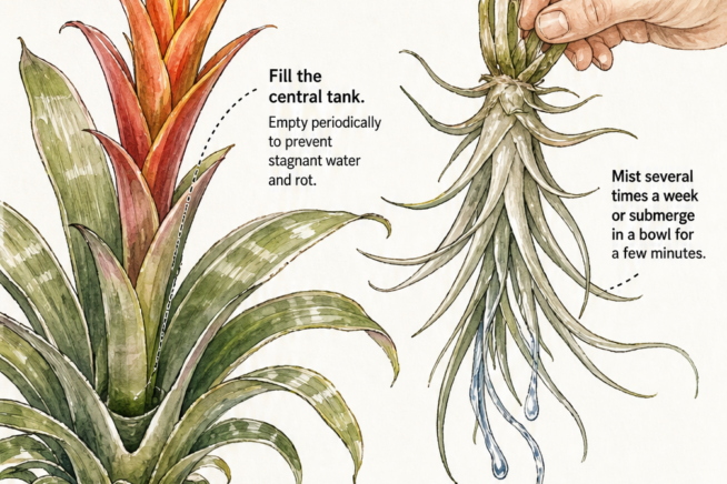 Illustration showing how to water a potted bromeliad by filling its central tank and how to water an epiphytic air plant by misting or submerging.