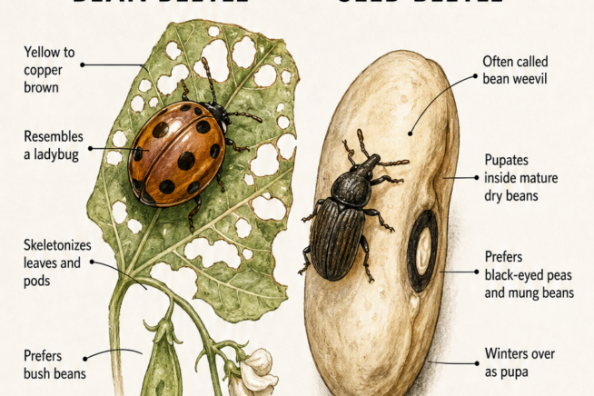 Illustration comparing the Mexican bean beetle and the cowpea seed beetle with their key characteristics