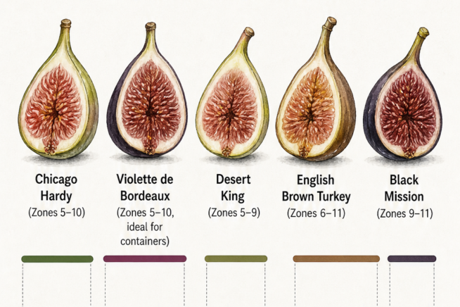 Chart showing USDA growing zones 5 through 11 for popular edible fig varieties like Chicago Hardy, Desert King, and Black Mission.
