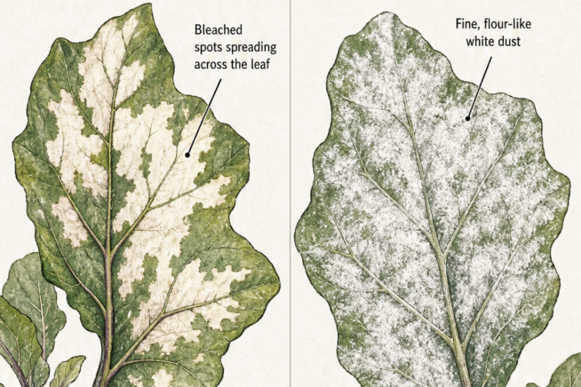 Botanical illustration showing the difference between sun scorch and powdery mildew on eggplant leaves