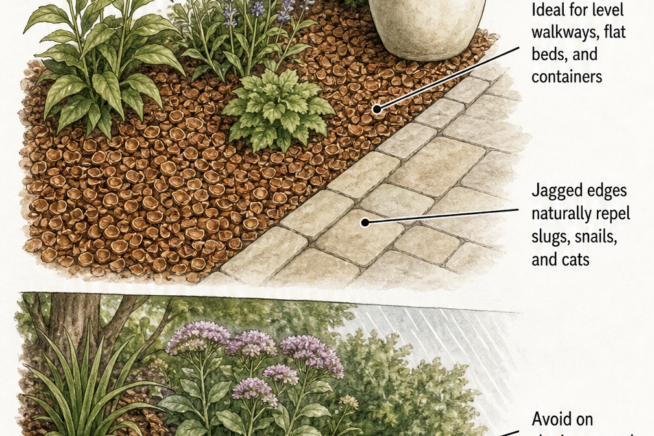 Illustration showing hazelnut shell mulch used on flat garden beds and walkways, but washing away on sloping ground.