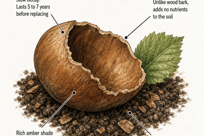 Close-up illustration of a hazelnut shell half on dark garden soil, highlighting its slow decay and soil benefits.