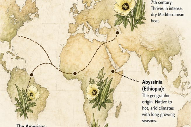 Vintage botanical map illustrating the historic migration routes of okra from Abyssinia to the Americas