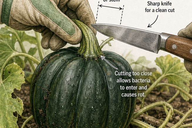 Close-up illustration of harvesting acorn squash, showing a sharp knife cutting the stem exactly 2 inches above the fruit to prevent rot.