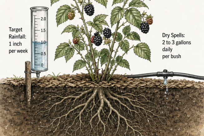 Cross-section illustration of a blackberry bush showing a rain gauge and drip irrigation line keeping the soil consistently moist.