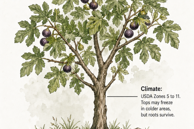 Illustration of a mature fig tree showing ideal sunlight, climate, soil, and moisture requirements for growing figs.