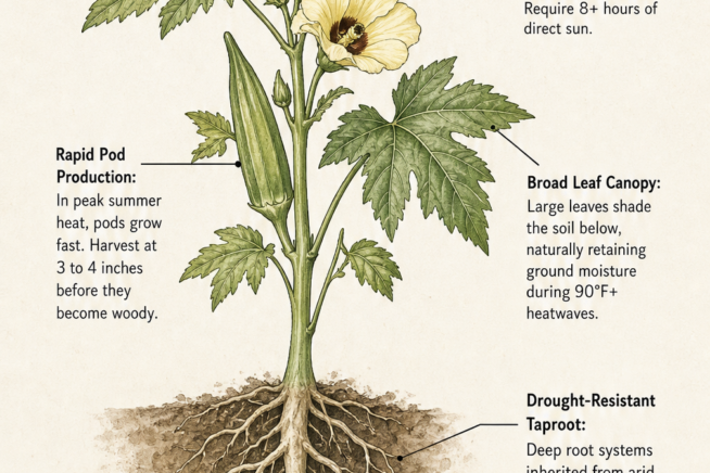 Botanical illustration of an okra plant detailing its roots, stem, leaves, blossoms, and pods