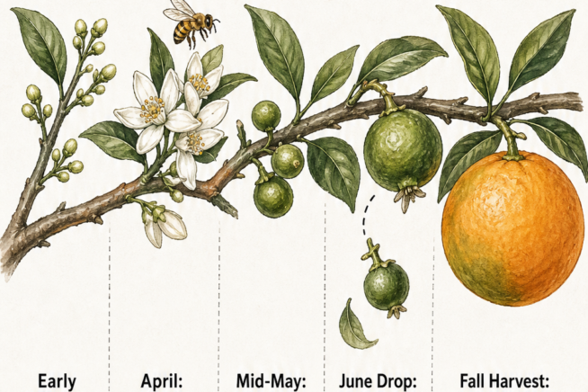 Botanical illustration showing the five growth stages of an orange from winter bud and spring blossom to tiny green fruit, June drop, and mature fall harvest.