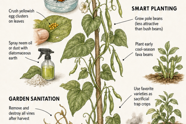 Illustration of a bean vine showing organic management strategies for bean beetles, including handpicking, smart planting, and garden sanitation