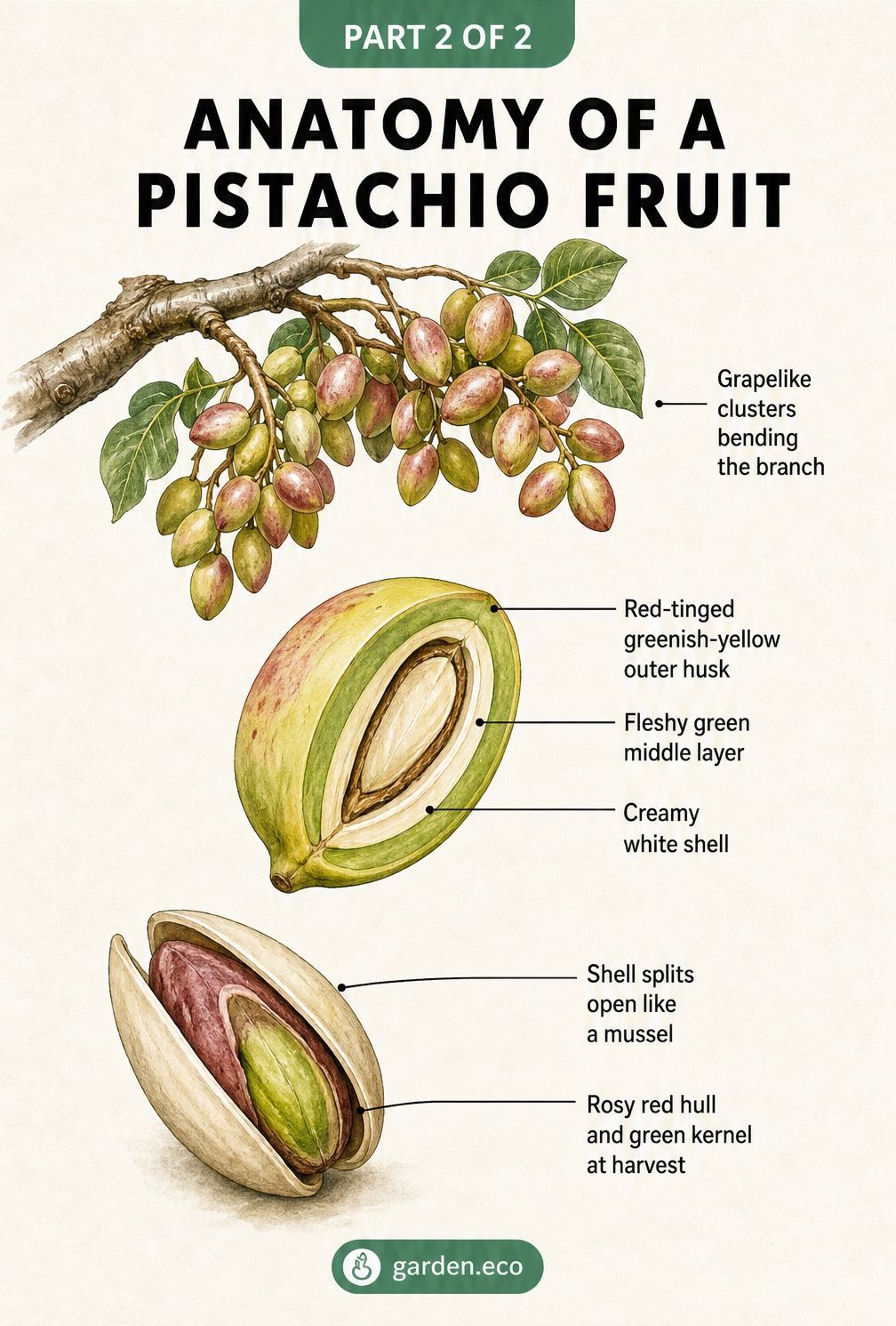 Cross-section illustration of a pistachio fruit showing the grapelike clusters, greenish-yellow outer husk, fleshy middle layer, and creamy white shell...