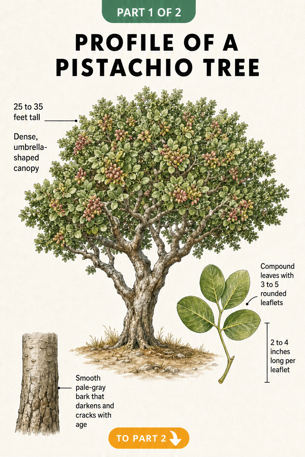 Botanical illustration of a mature pistachio tree showing its dense umbrella-shaped canopy, smooth pale-gray bark, and compound leaves with rounded leaflets.