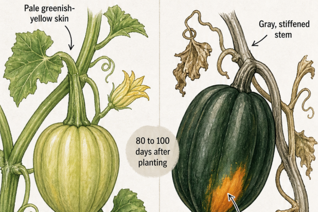Botanical illustration comparing an unripe acorn squash with pale skin and green vines to a ripe acorn squash with dark green skin, an orange ground spot, and...