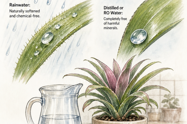 Illustration comparing safe water sources for bromeliads, showing rainwater, distilled water, and how to let tap water sit overnight to dissipate chemicals.