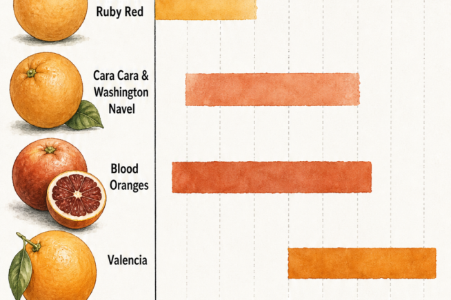 Timeline chart displaying the ripening months for sweet orange varieties including Hamlin, Cara Cara, Washington Navel, Blood Oranges, and Valencia.