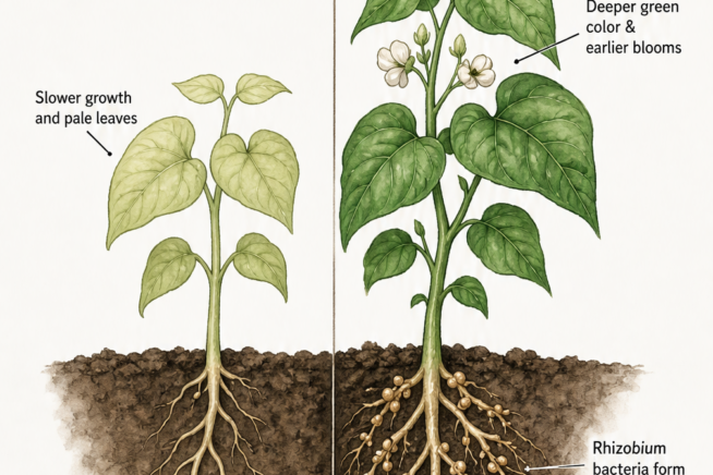 Botanical illustration showing the difference between a bean plant grown with and without inoculant, highlighting root nodules and greener leaves.