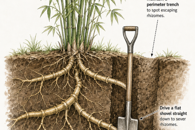 Cross-section illustration of running bamboo roots showing a flat shovel severing rhizomes in a perimeter trench.
