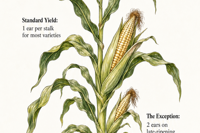 Botanical illustration of a mature corn stalk showing one main ear and a smaller secondary ear lower down.