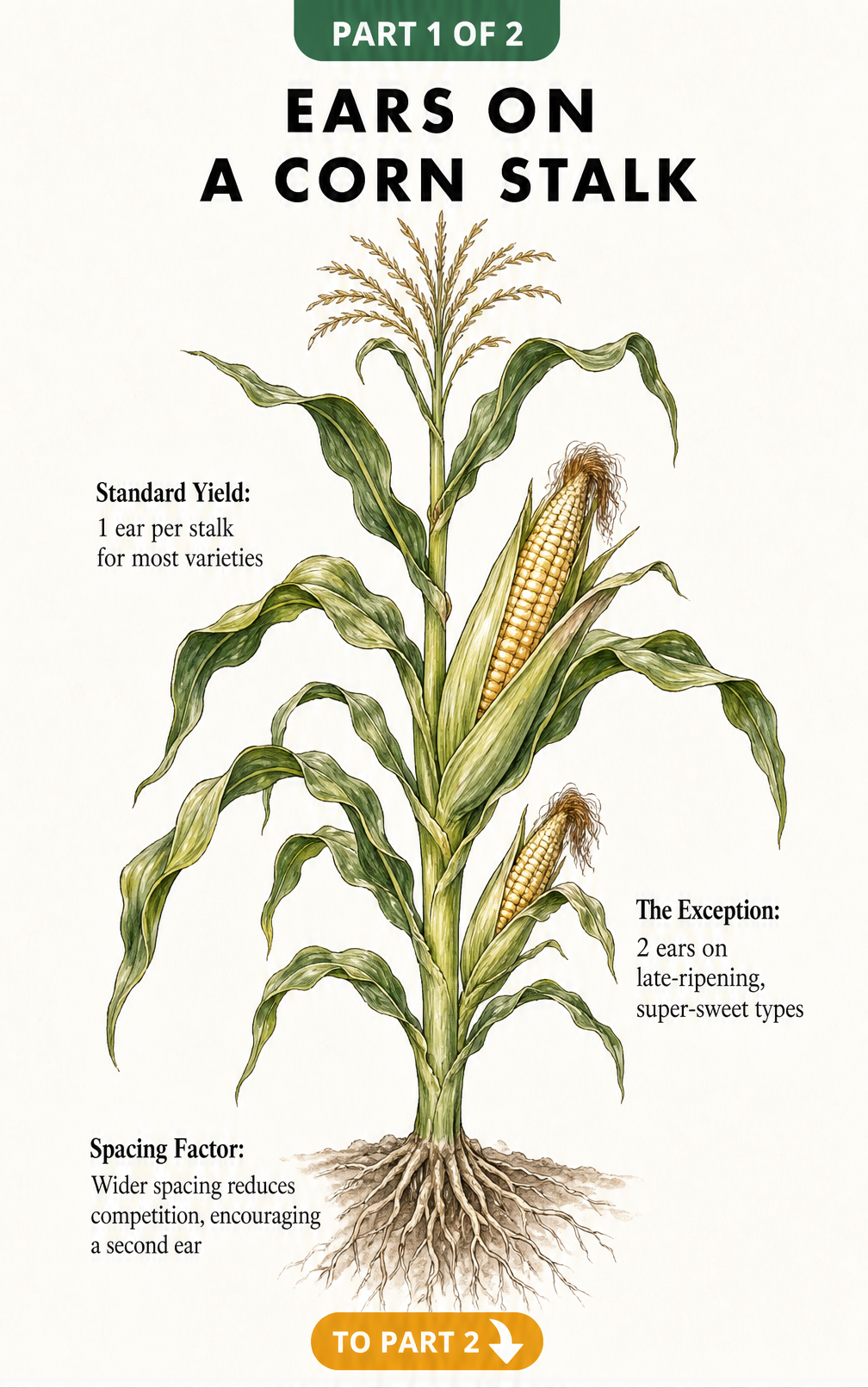 Botanical illustration of a mature corn stalk showing one main ear and a smaller secondary ear lower down.